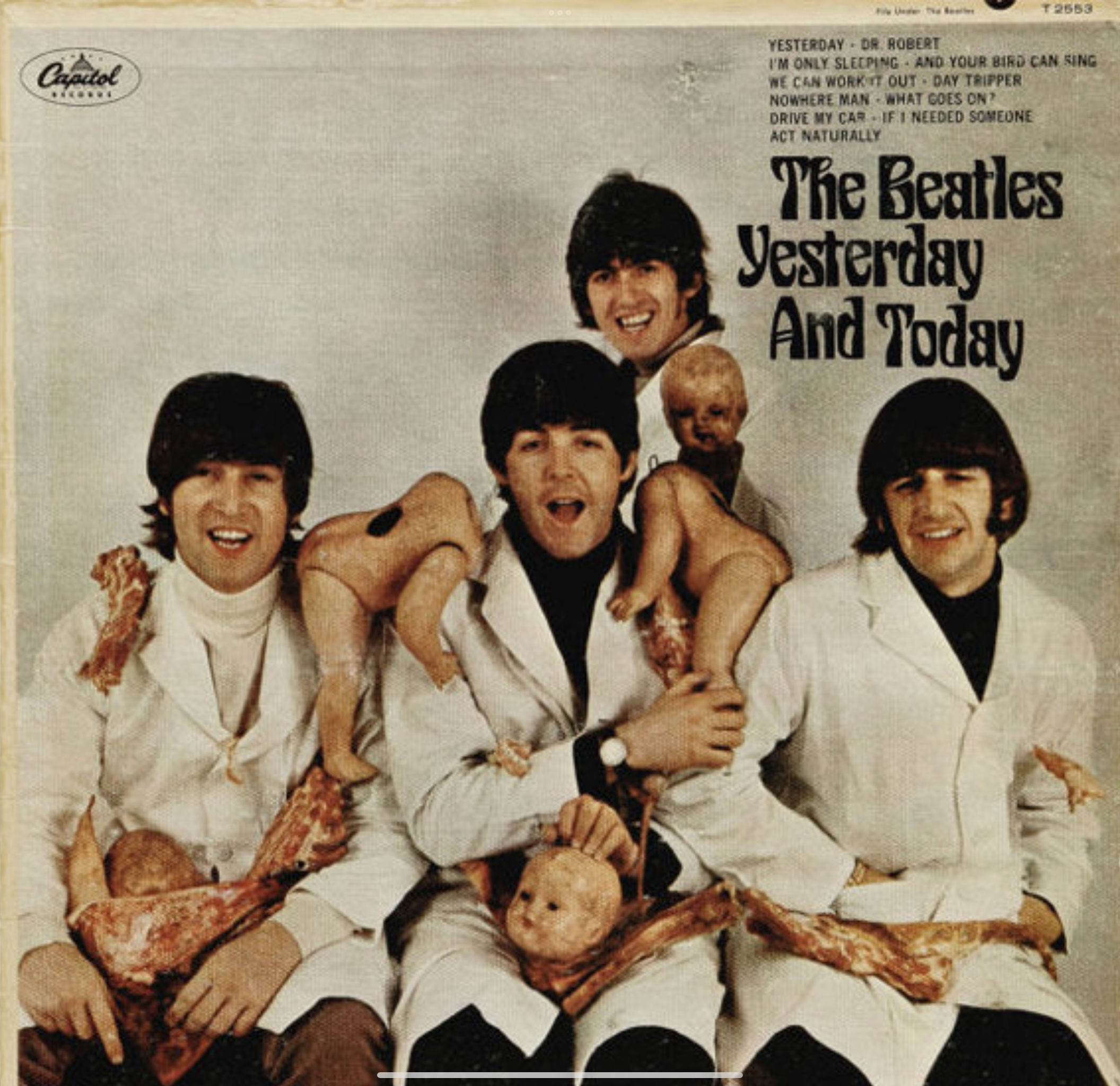 An image of the unfortunate photograph used on the initial released of the Beatles' 'Yesterday and Today'; original source: Rolling Stone magazine, www.rollingstone.com/music/music-news/inside-beatles-bloody-banned-butcher-cover-42504/.